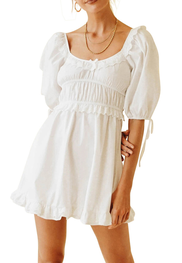 R.Vivimos Womens Summer Cotton Puff Sleeves Square Neckline Ruffle Casual Swing Mini Dress