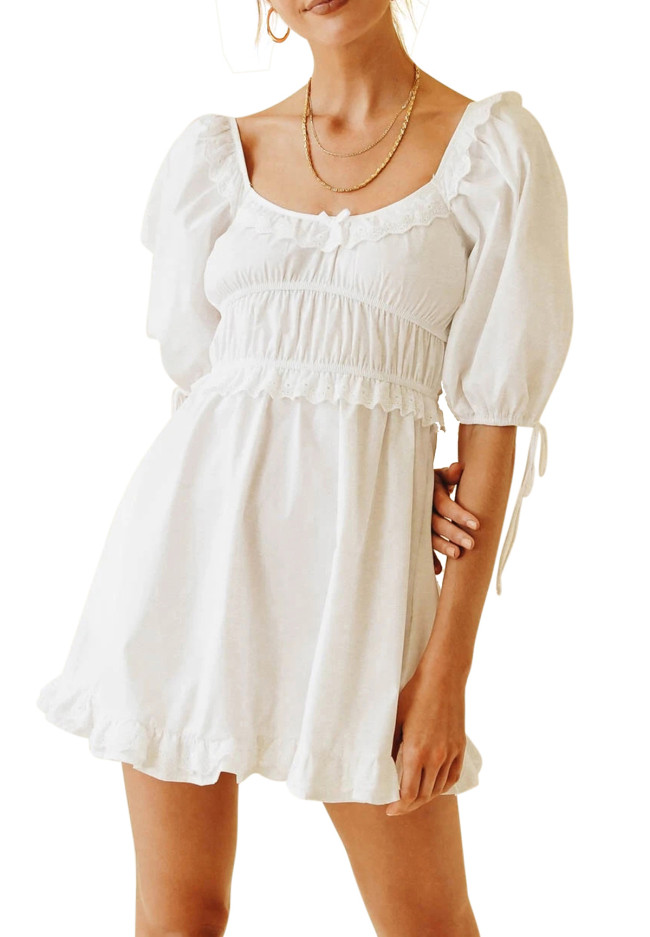 R.Vivimos Womens Summer Cotton Puff Sleeves Square Neckline Ruffle Casual Swing Mini Dress