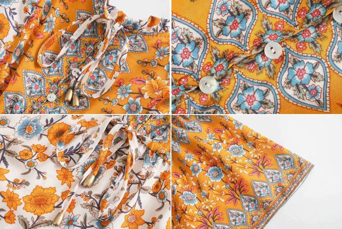 R.Vivimos Women's Summer Cotton Floral Print Spaghetti Straps V Neck Button Up Casual Boho Mini Dress
