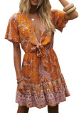 R.Vivimos Women's Summer Short Sleeves Floral Print Tie Front A Line Ruffle Boho Beach Mini Dress