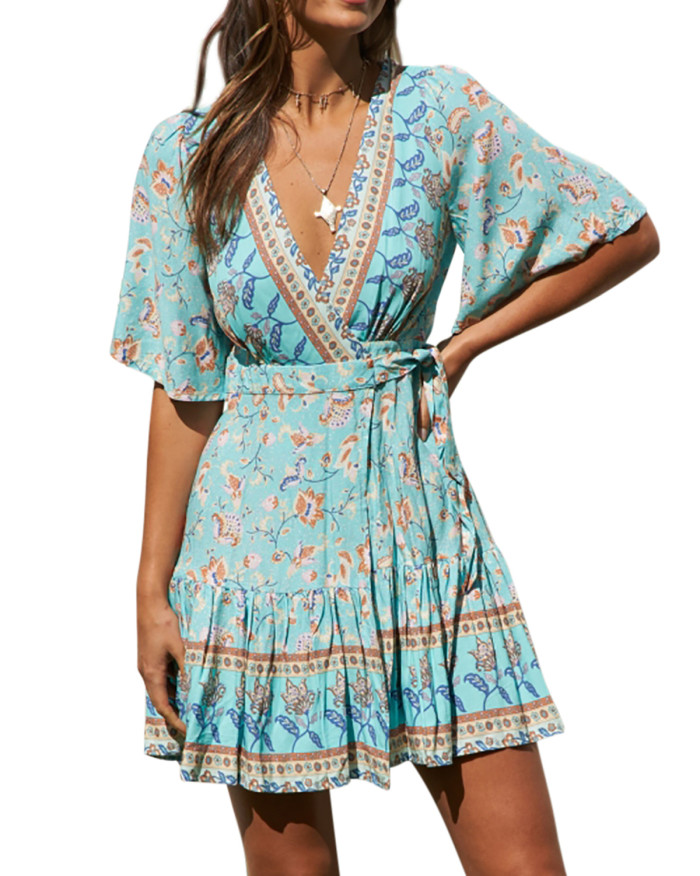 R.Vivimos Women's Summer Short Sleeve Casual Bohemian Beach Ruffle Floral Print Bow Tie Short Sun Dress