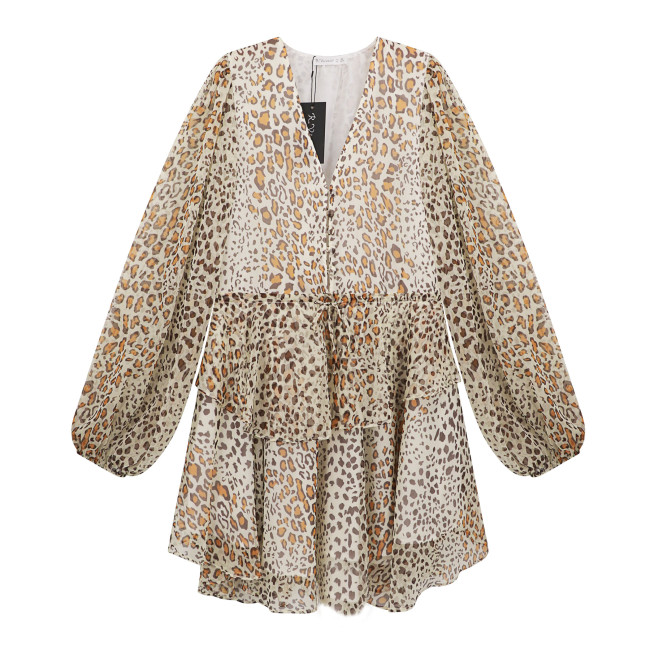 R.Vivimos Women's Long Sleeves Chiffon Casual V-Neck Button Down Ruffled Leopard Print Mini Dress