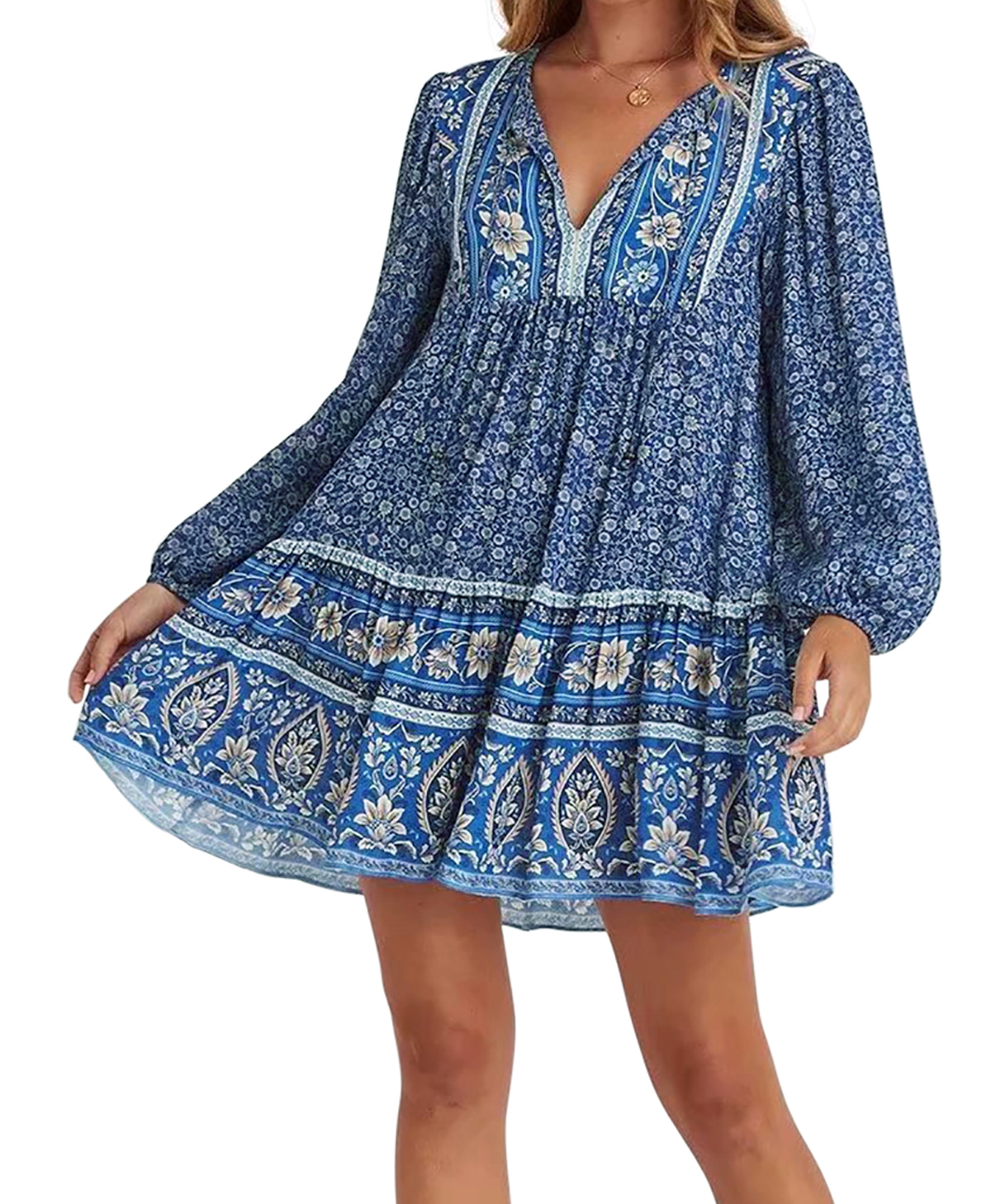 R.Vivimos Women's Cotton Long Sleeve Floral Print Ruffled Hem Casual Boho  Flowy Tunic Dress