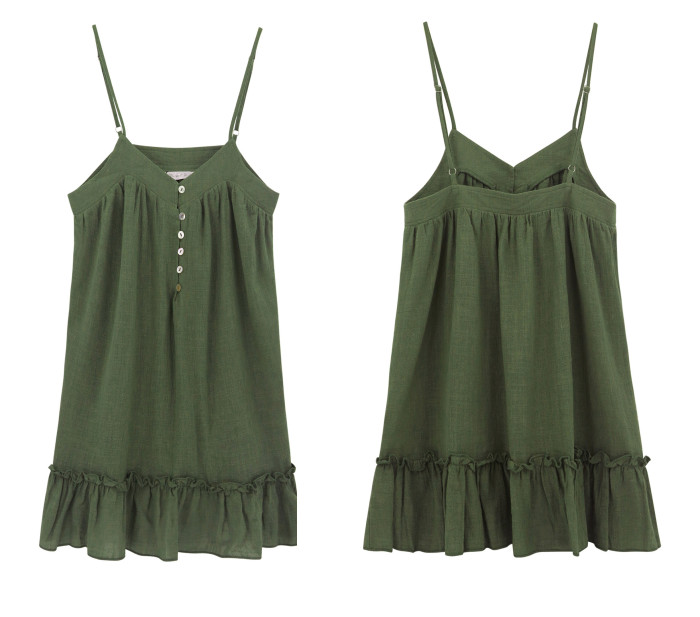R.Vivimos Women's Summer Linen Spaghetti Straps Ruffled V Neck Buttons Tunic Mini Dress