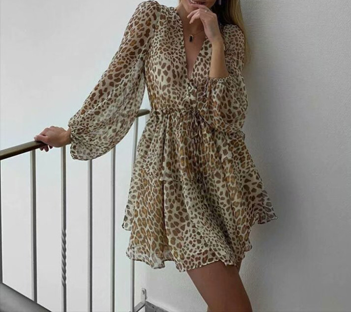 R.Vivimos Women's Long Sleeves Chiffon Casual V-Neck Button Down Ruffled Leopard Print Mini Dress