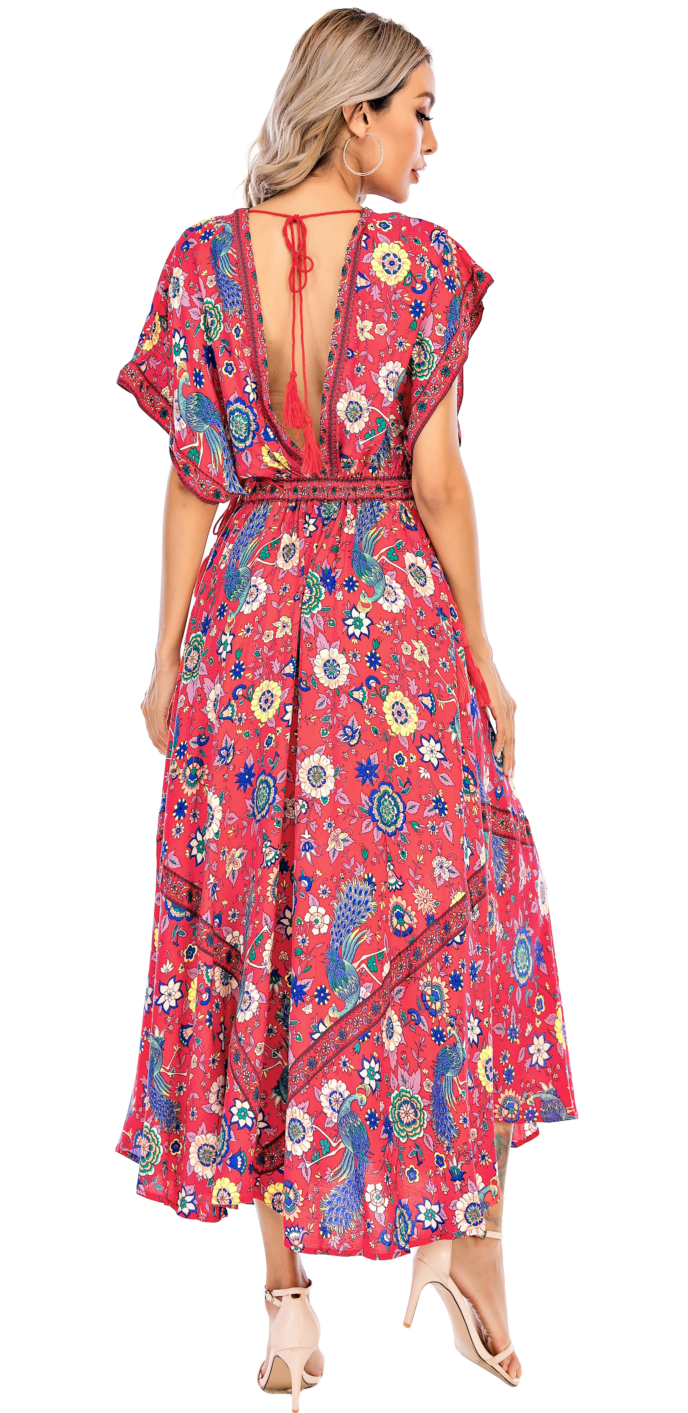 R.Vivimos Women Summer Print Deep V Neck Cotton Beach Midi Dresses2