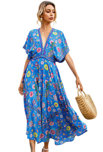 R.Vivimos Women Summer Print Deep V Neck Cotton Beach Midi Dresses