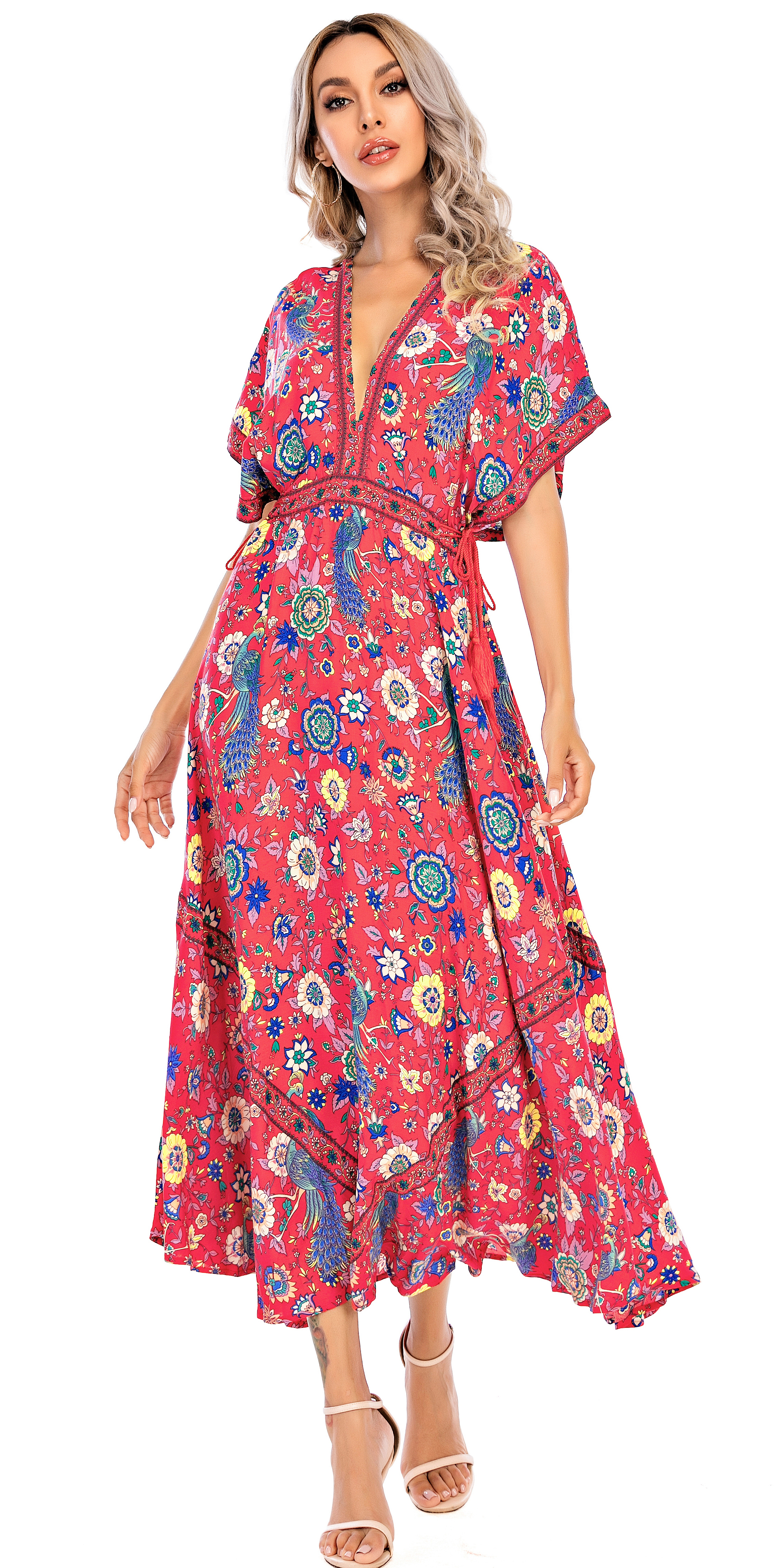 R.Vivimos Women Summer Print Deep V Neck Cotton Beach Midi Dresses3