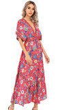 R.Vivimos Women Summer Print Deep V Neck Cotton Beach Midi Dresses