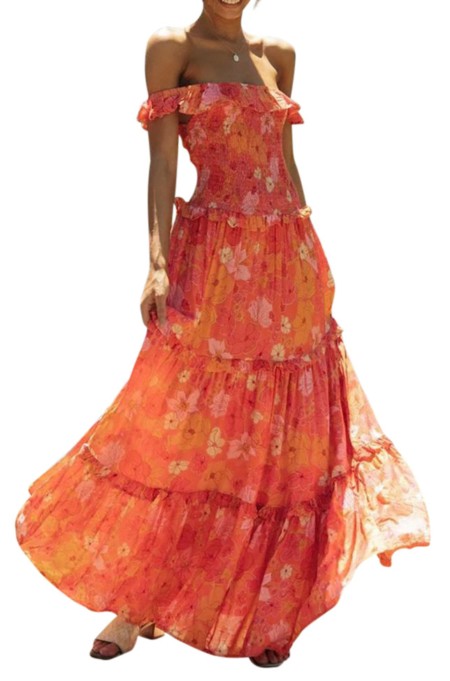 R.Vivimos Women's Summer Cotton Off Shoulder Floral Print Ruffles Casual Boho Flowy Long Midi Dress