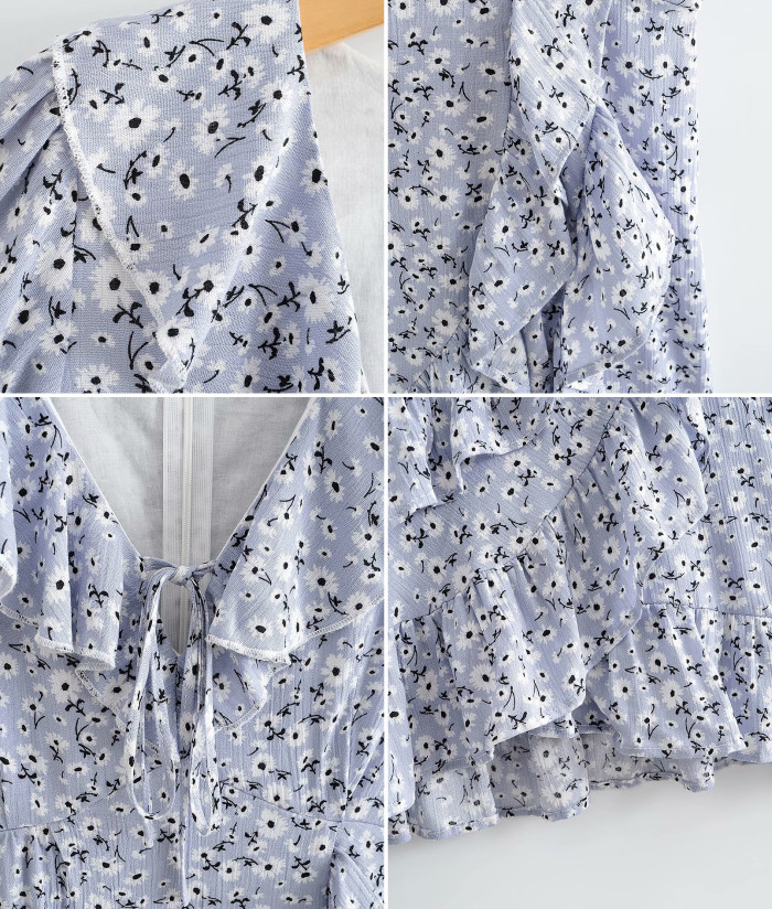 R.Vivimos Women's Summer Short Sleeves Cotton Floral Print Layered Ruffles Boho Mini Swing Dress