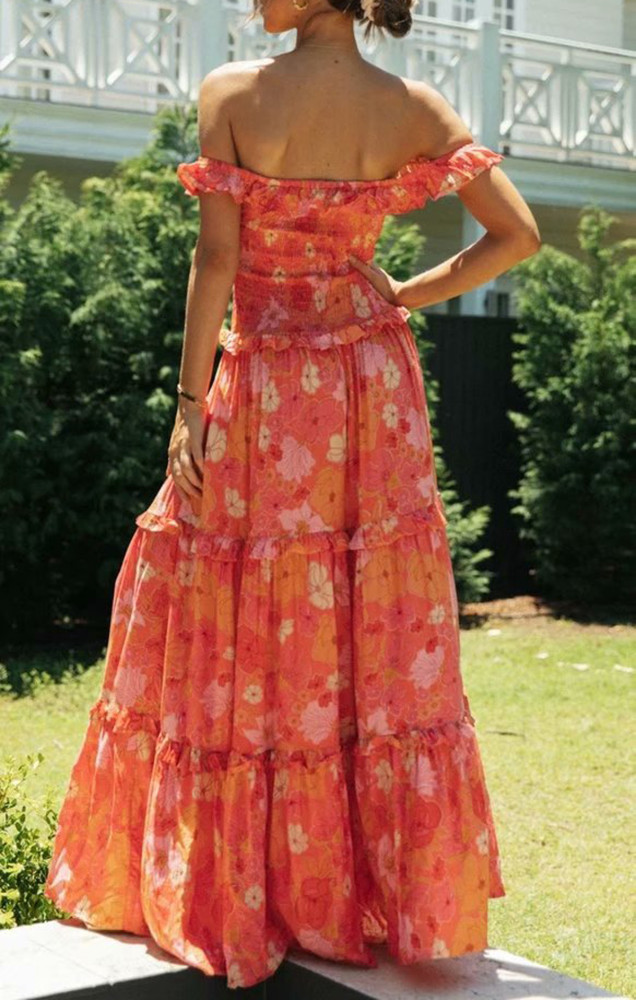 R.Vivimos Women's Summer Cotton Off Shoulder Floral Print Ruffles Casual Boho Flowy Long Midi Dress