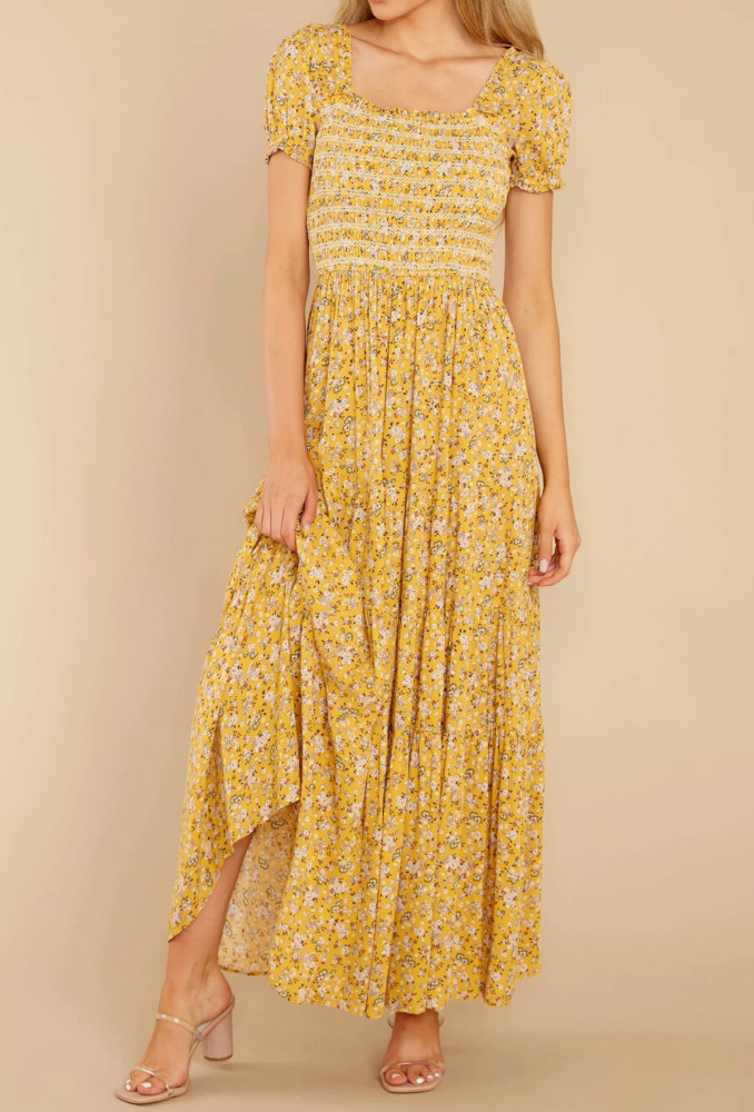 R.Vivimos Women's Summer Cotton Puff Sleeves Floral Print Square Neckline Boho Flowy Midi Dress