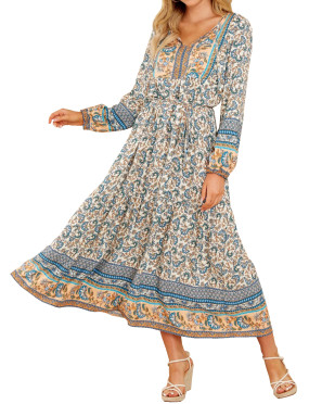 R.Vivimos Women's Cotton Long Sleeves Floral Print V-Neck Casual Boho Flowy Midi Dress