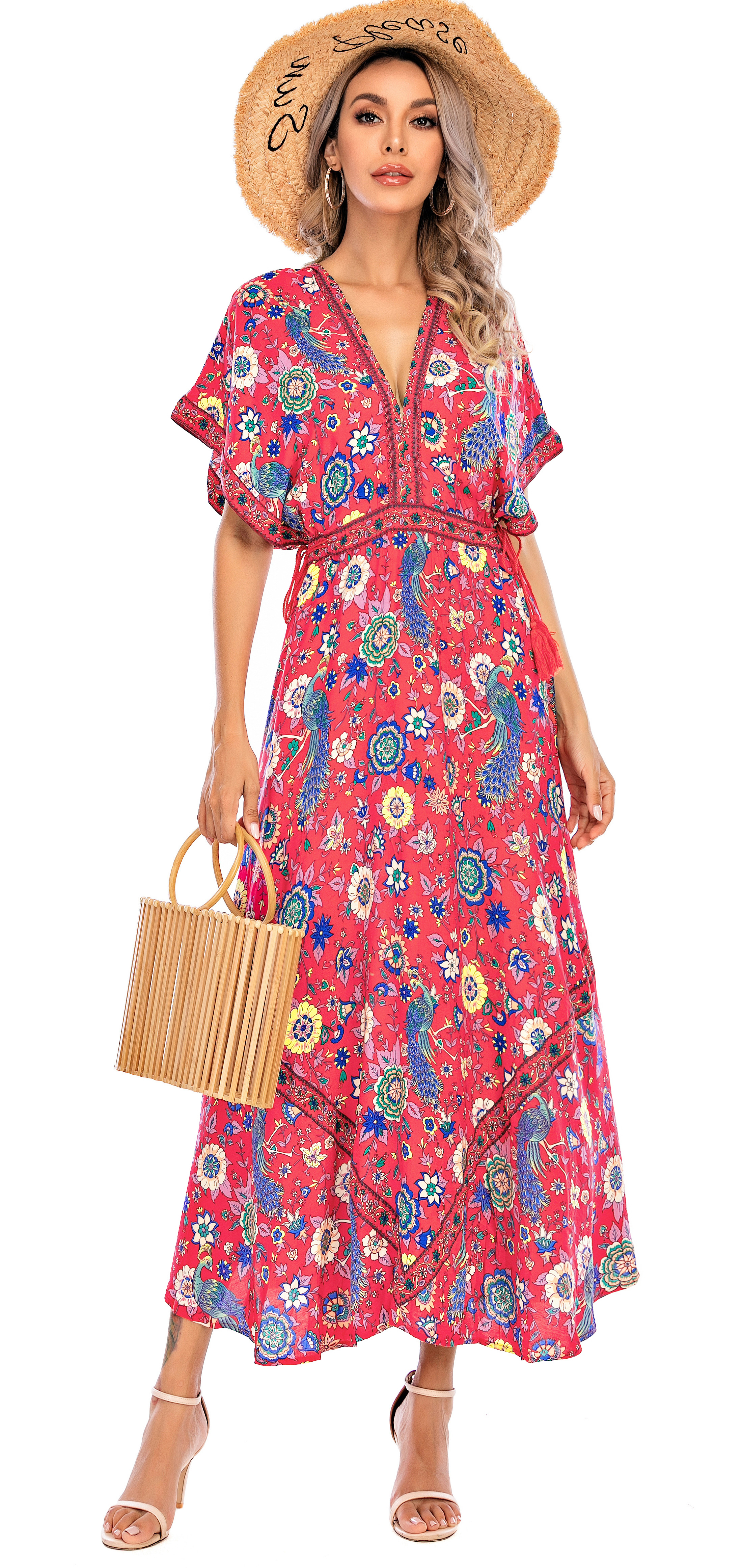 R.Vivimos Women Summer Print Deep V Neck Cotton Beach Midi Dresses4