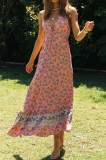 R.Vivimos Women's Summer Cotton Deep V-Neck Sleeveless Floral Print Ruffled Boho Midi Dress