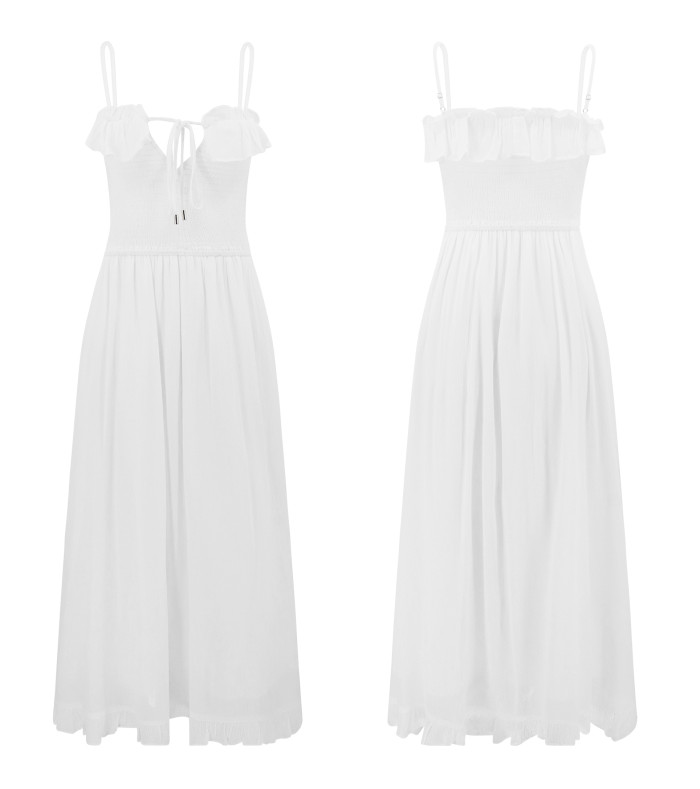 R.Vivimos Womens Summer Cotton Spaghetti Straps V-Neck Ruffle Casual Boho Midi Flowy Dress