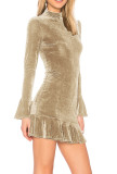 R.Vivimos Women's Winter Long Sleeve Velvet Ruffles Bodycon Mini Dress
