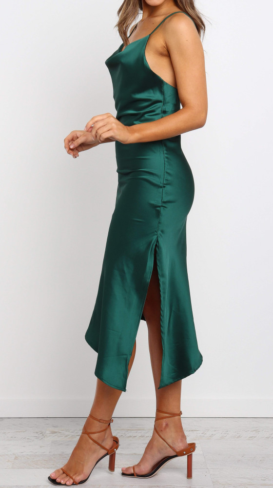 R.Vivimos Women's Satin Dress Spaghetti Straps Side Slit Cowl Neck Irregular Hem Midi Dress