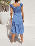 R.Vivimos Women's Summer Cotton Short Sleeves Square Neckline Print Ruffled Boho Midi Dress