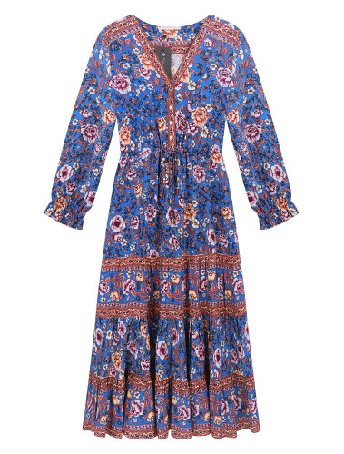 R.Vivimos Women's Summer Cotton Long Sleeves V-Neck Casual Buttons Floral Print Boho Flowy Midi Dress