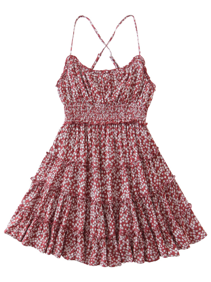 R.Vivimos Women's Summer Cotton Spaghetti Straps Ruffled Hem Boho Floral Print Mini Dress