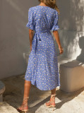 R.Vivimos Women's Summer Cotton Floral Puff Sleeves Casual V-Neck Boho Slit Wrap Midi Dress