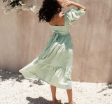 R.Vivimos Women's Summer Cotton Plaid Puff Sleeves Bow Casual Off-Shoulder Boho Midi Dress