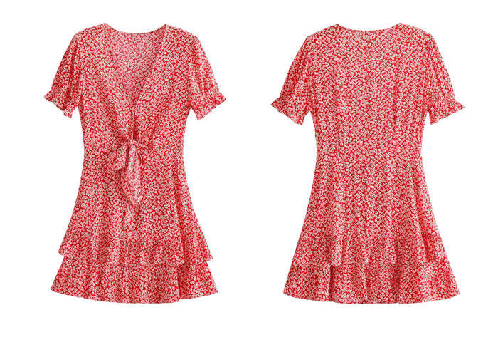 R.Vivimos Women's Summer Cotton Deep V-Neck Short Sleeves Floral Print Ruffles Boho Mini Dress