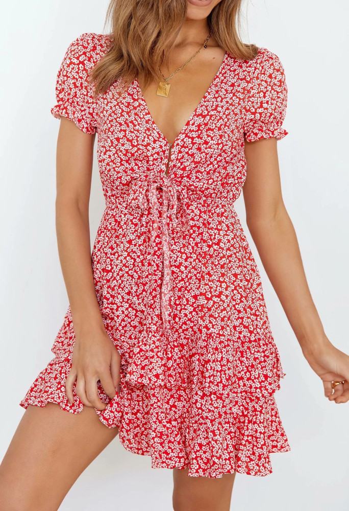 R.Vivimos Women's Summer Cotton Deep V-Neck Short Sleeves Floral Print Ruffles Boho Mini Dress