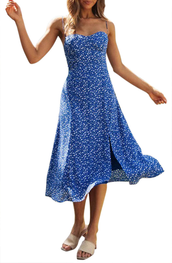 R.Vivimos Women's Summer Cotton V-Neck Spaghetti Straps Floral Print Backless Slit Boho Midi Dress