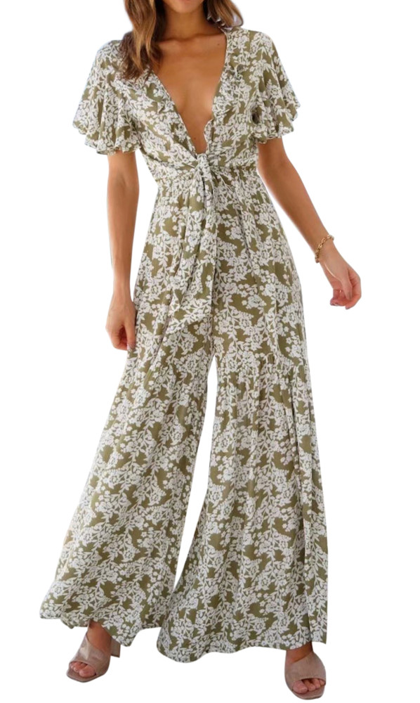 R.Vivimos Women's Summer Cotton Deep V-Neck Short Sleeves Ruffles Floral Print Boho Pant Jumpsuit Romper