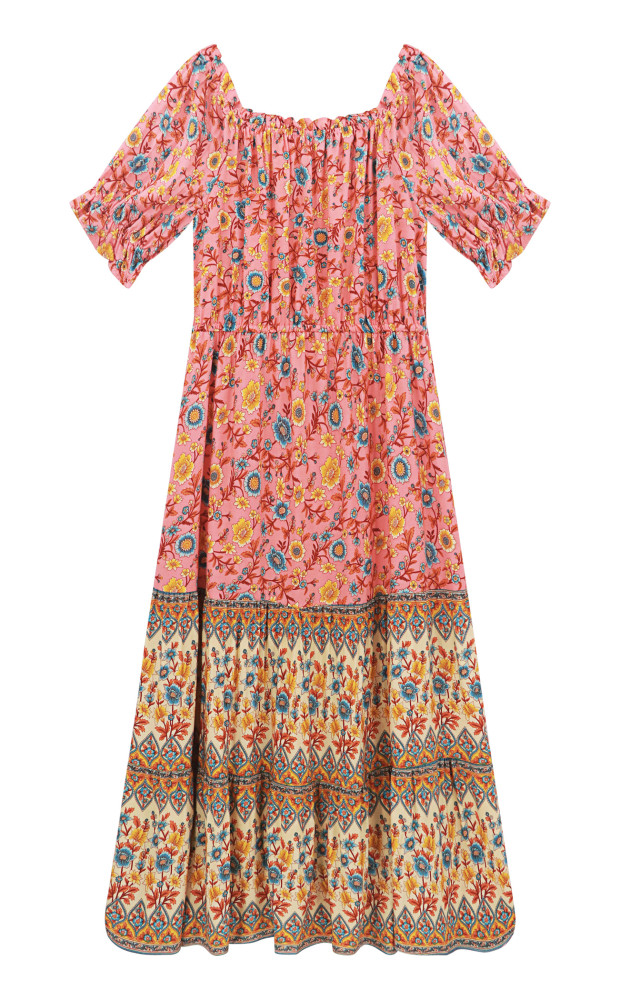 R.Vivimos Women's Summer Cotton Floral Puff Sleeves Casual Boho Drawstring Button Up Midi Dress