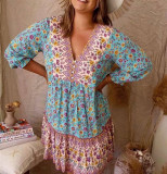 R.Vivimos Women's Summer Cotton Long Sleeves Casual Boho V-Neck Buttons Floral Print Mini Tunic Dress
