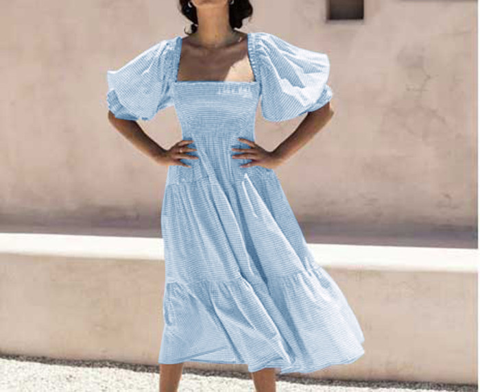 R.Vivimos Women's Summer Cotton Plaid Puff Sleeves Bow Casual Off-Shoulder Boho Midi Dress
