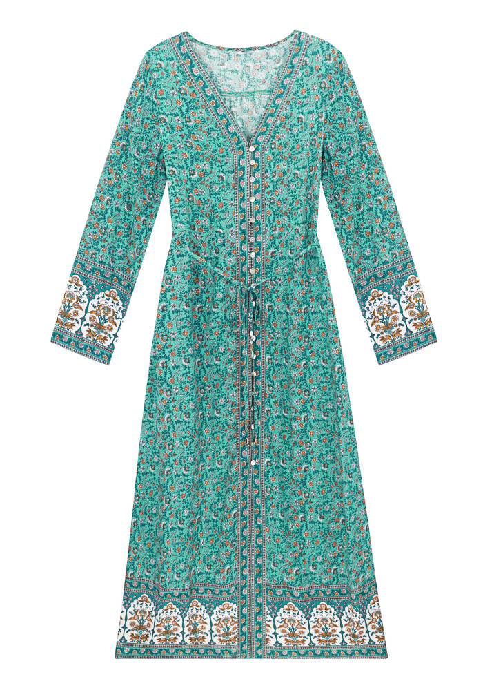 R.Vivimos Women's Long Sleeves Cotton Floral Print Button Up V-Neck Tie Waist Boho Maxi Dress