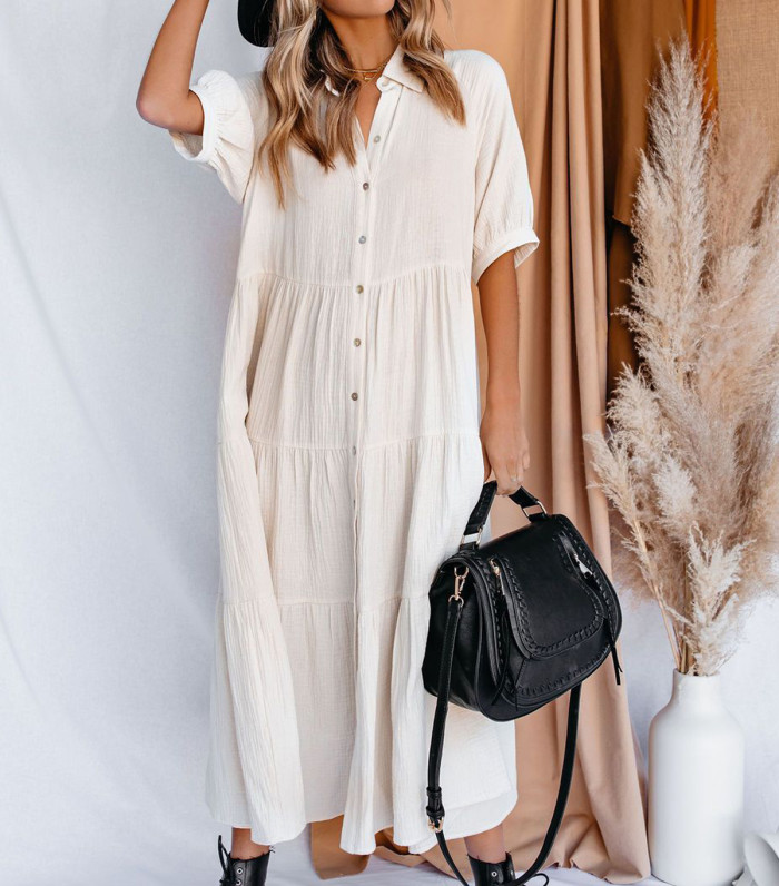 R.Vivimos Women's Summer Cotton Half Sleeves Button Down Casual Loose Slit Midi Dress with Pockets