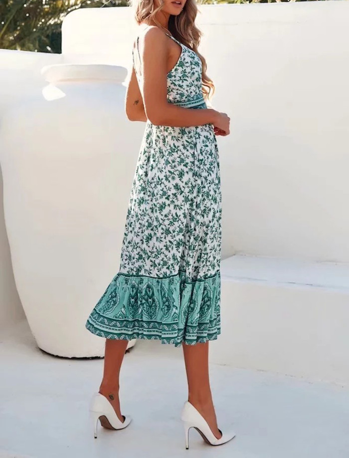 R.Vivimos Womens Summer Floral Long Boho Dress Spaghetti Straps Buttons Midi Dress