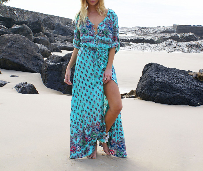 R.Vivimos Women's Summer Button Up Floral Print Split Beach Maxi Dresses