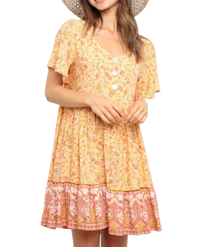 R.Vivimos Womens Short Sleeve Floral Print V Neck Cotton Short Dresses