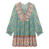 R.Vivimos Women's Summer Cotton Long Sleeves Casual Boho V-Neck Buttons Floral Print Mini Tunic Dress
