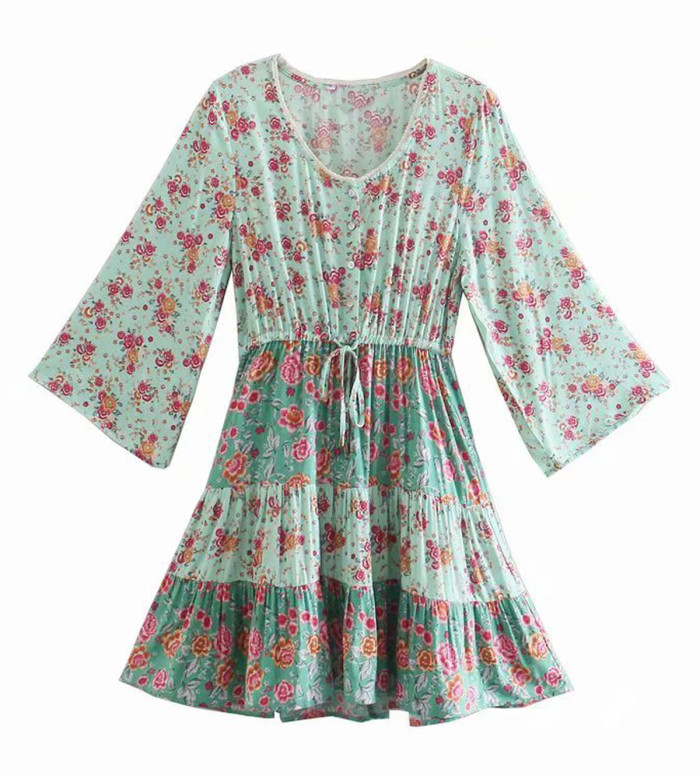 R.Vivimos Women's Summer Cotton Flare Sleeves Button Down Casual Floral Boho Flowy Mini Dress