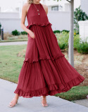 R.Vivimos Womens Summer Dress Cotton Sleeveless Halter Layered Ruffles Casual Boho Flowy Maxi Dress