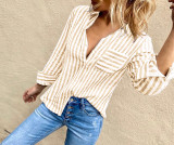 R.Vivimos Women's Fall Cotton Long Sleeves Roll Up Striped Casual V Neck Button Down Shirts Blouses