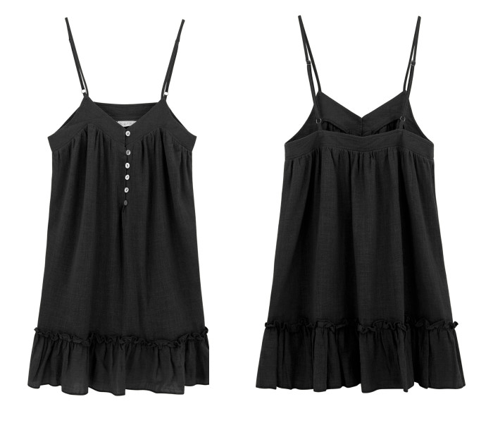 R.Vivimos Women's Summer Linen Spaghetti Straps Ruffled V Neck Buttons Tunic Mini Dress