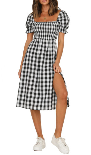 R.Vivimos Summer Dress for Women Cotton Plaid Puff Sleeves Causal Off-Shoulder Boho Side Slit Midi Dress