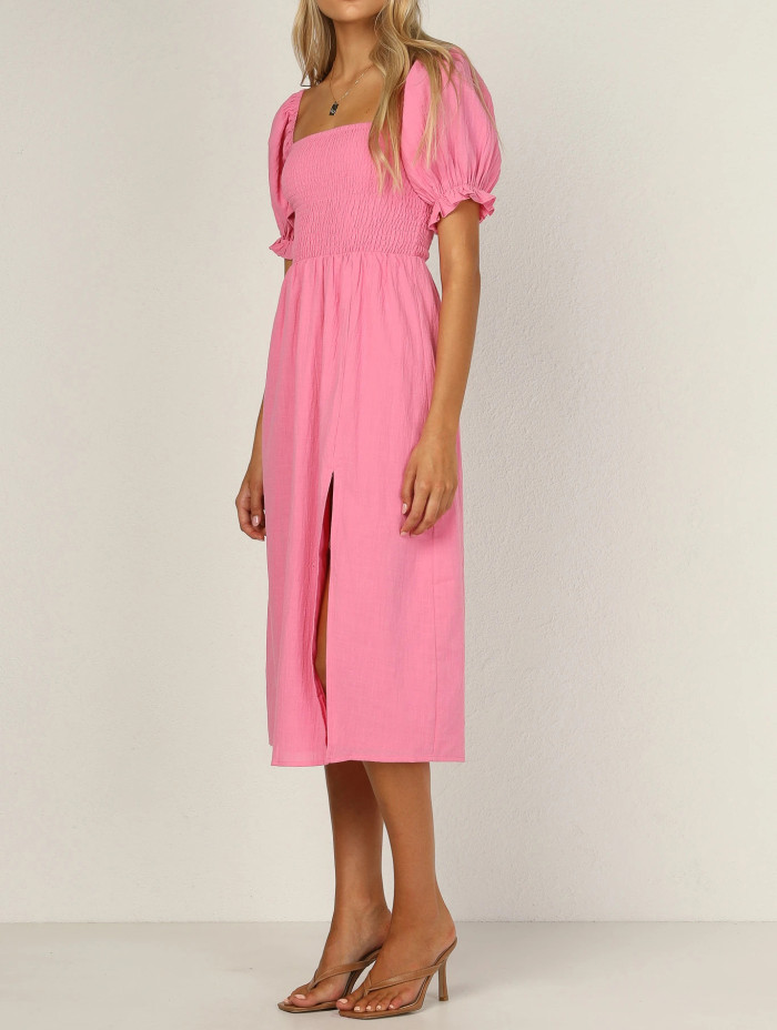 R.Vivimos Summer Dress for Women Cotton Plaid Puff Sleeves Causal Off-Shoulder Boho Side Slit Midi Dress