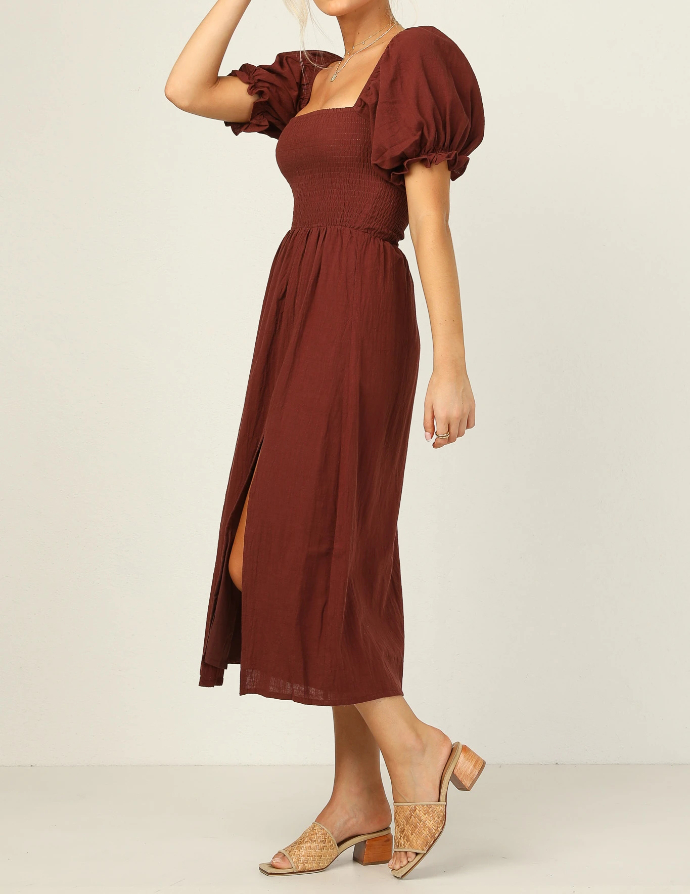 R.Vivimos Summer Dress for Women Cotton Plaid Puff Sleeves Causal Off-Shoulder Boho Side Slit Midi Dress4