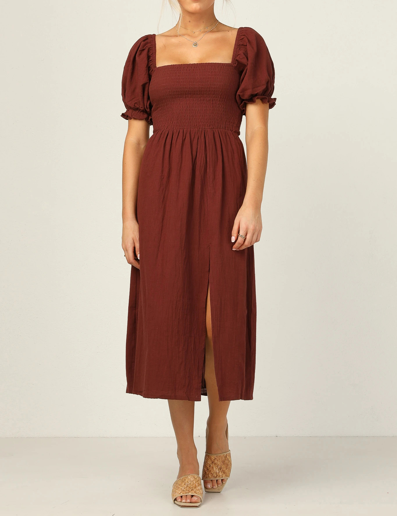 R.Vivimos Summer Dress for Women Cotton Plaid Puff Sleeves Causal Off-Shoulder Boho Side Slit Midi Dress3