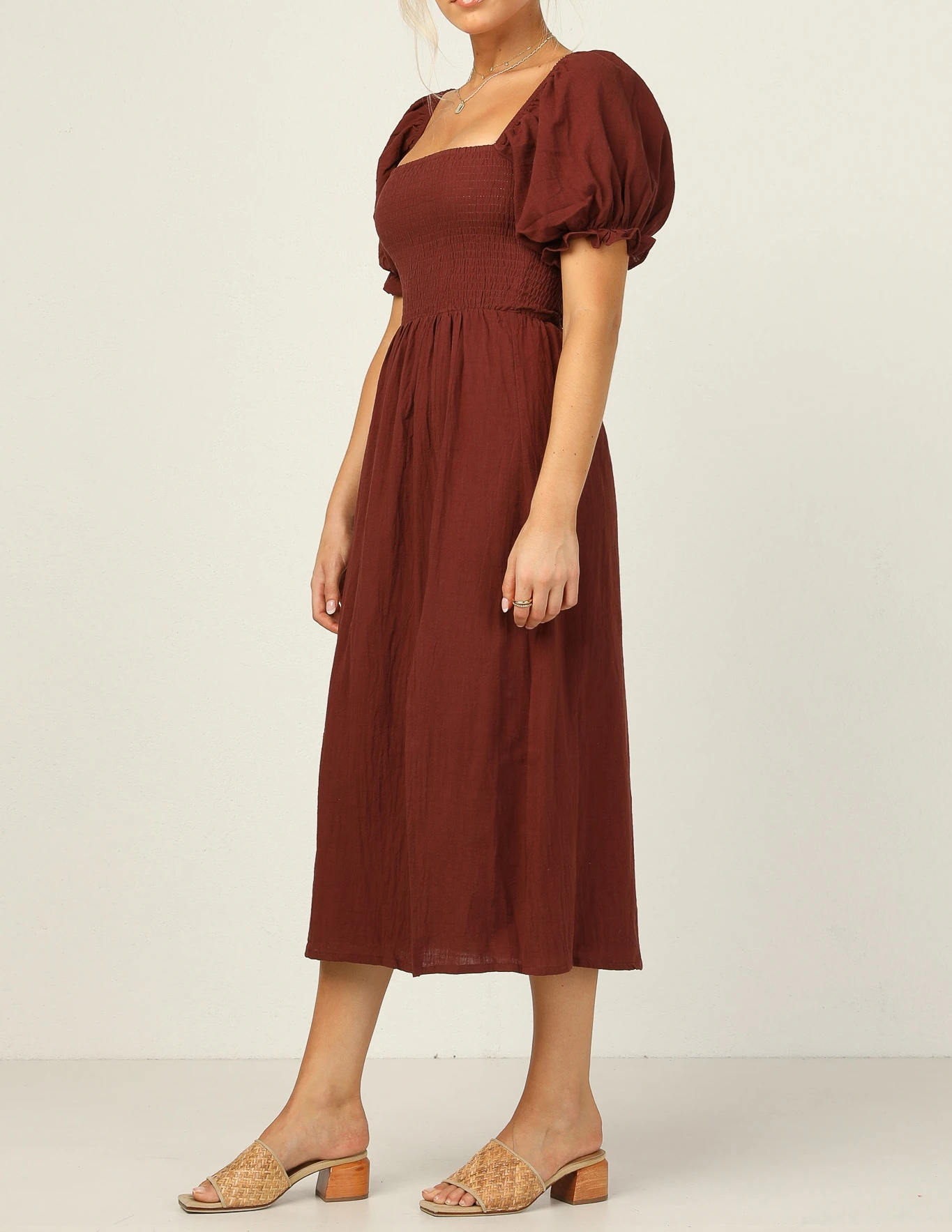 R.Vivimos Summer Dress for Women Cotton Plaid Puff Sleeves Causal Off-Shoulder Boho Side Slit Midi Dress2